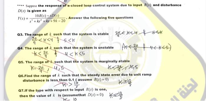 Suppose The Response Of A Closed Loop Control System Due To Input R S And Disturbance D S Is Given As 10r S D S Y 1