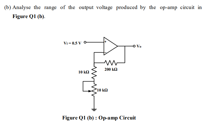 B Analyse The Range Of The Output Voltage Produced By The Op Amp Circuit In Figure Q1 B Vi 0 5 V O Vo W 200 Kg 10 1