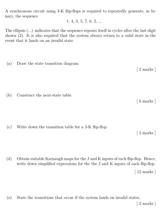 A Synchronous Circuit Using J K Flip Flops Is Required To Repeatedly Generate In Bi Nary The Sequence 1 4 3 5 7 1
