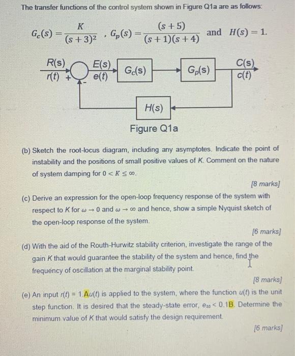 The Transfer Functions Of The Control System Shown In Figure Q1a Are As Follows K Gc S S 3 2 S 5 G S S 1 1