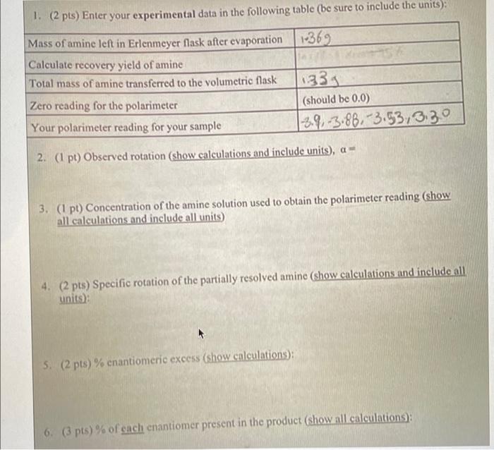 1 2 Pts Enter Your Experimental Data In The Following Table Be Sure To Include The Units 1 369 Mass Of Amine Left 1