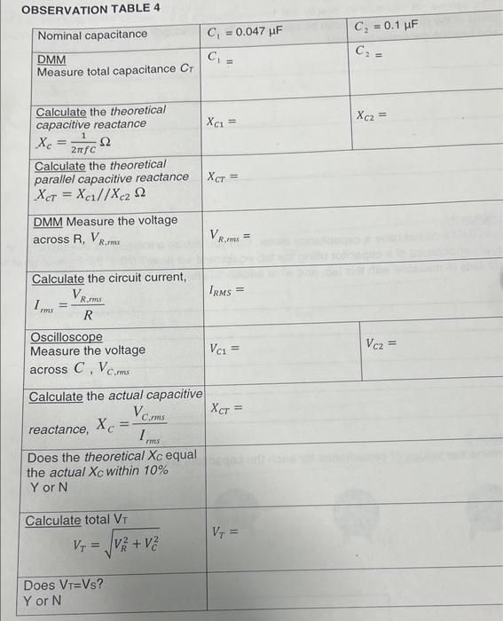 Observation Table 4 Nominal Capacitance C 0 047 Uf C 0 1 Uf C2 Ce Dmm Measure Total Capacitance Ct Xci Xcz 1 C 1