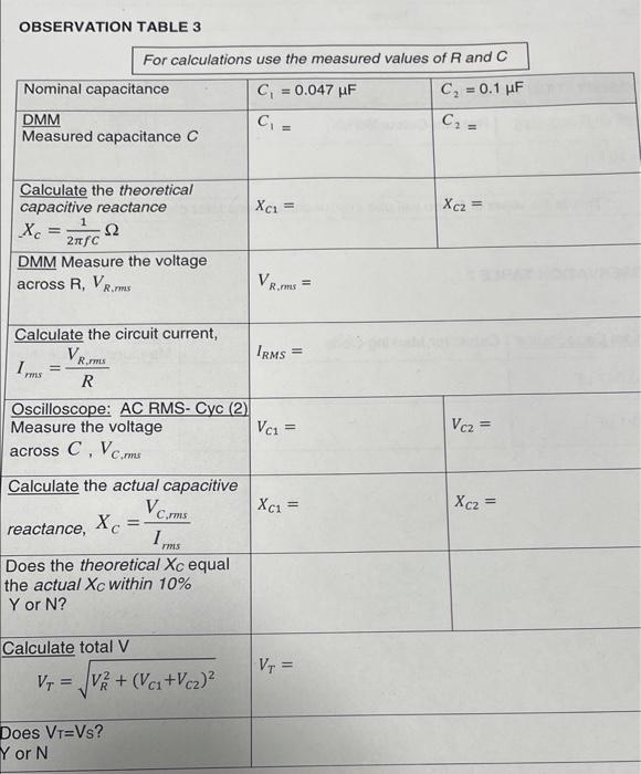 Observation Table 4 Nominal Capacitance C 0 047 Uf C 0 1 Uf C2 Ce Dmm Measure Total Capacitance Ct Xci Xcz 1 C 2