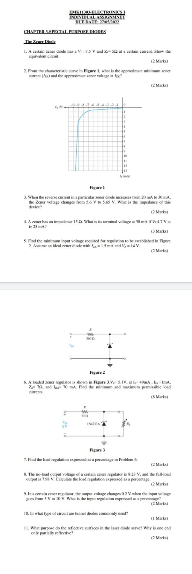 Emk11303 Electronics I Individual Assignmnet Due Date 27 05 2022 Chapter 3 Special Purpose Diodes The Zener Diode 1 A 1