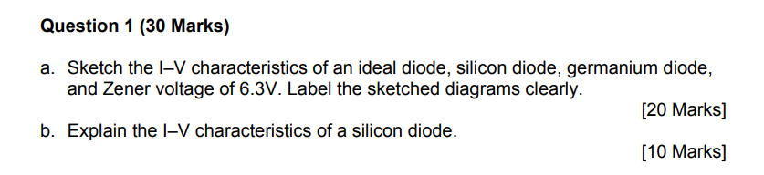 Question 1 30 Marks A Sketch The L V Characteristics Of An Ideal Diode Silicon Diode Germanium Diode And Zener Vol 1