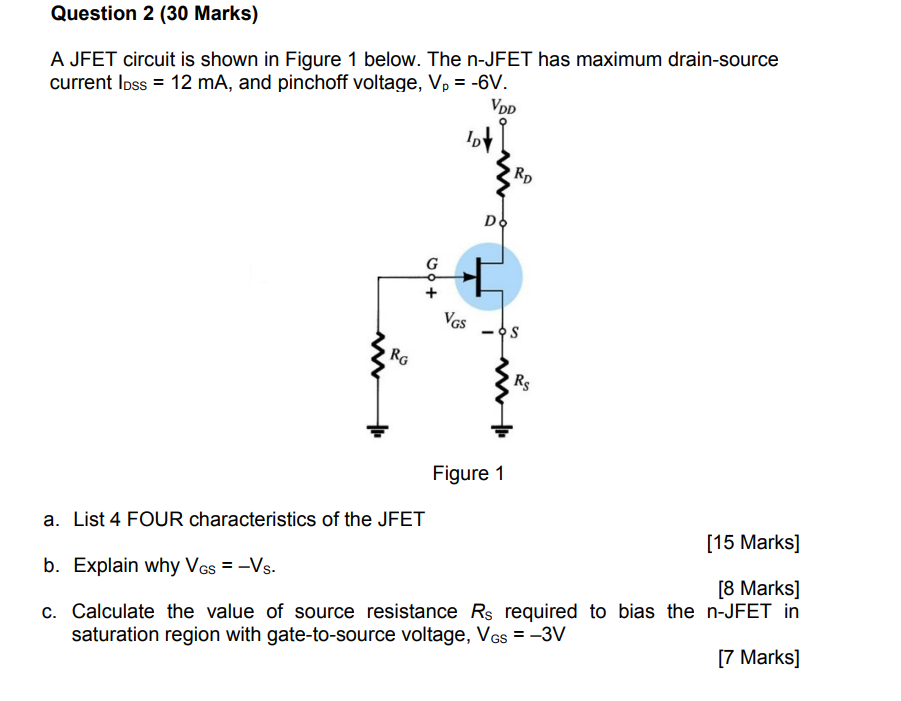 Question 2 30 Marks A Jfet Circuit Is Shown In Figure 1 Below The N Jfet Has Maximum Drain Source Current Loss 12 M 1
