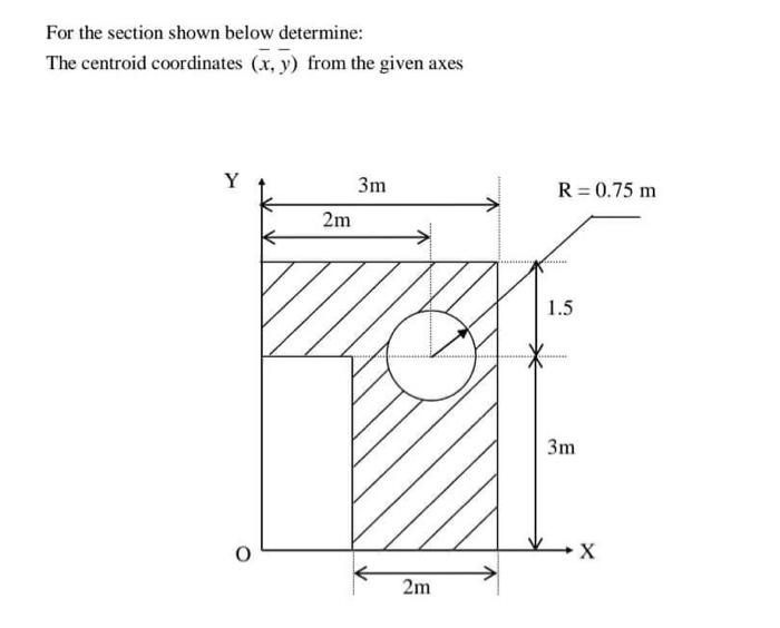 For The Section Shown Below Determine The Centroid Coordinates X Y From The Given Axes Y 3m 2m R 0 75 M 1 5 3m X 2 1