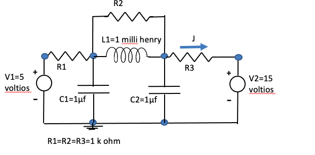 R2 L1 1 Milli Henry Moon R1 R3 V1 5 Voltios V2 15 Voltios C1 1uf C2 1uf R1 R2 R3 1 K Ohm 1