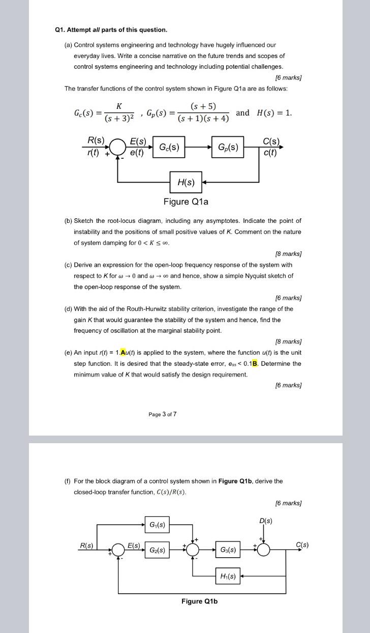 Q1 Attempt All Parts Of This Question A Control Systems Engineering And Technology Have Hugely Influenced Our Everyd 1