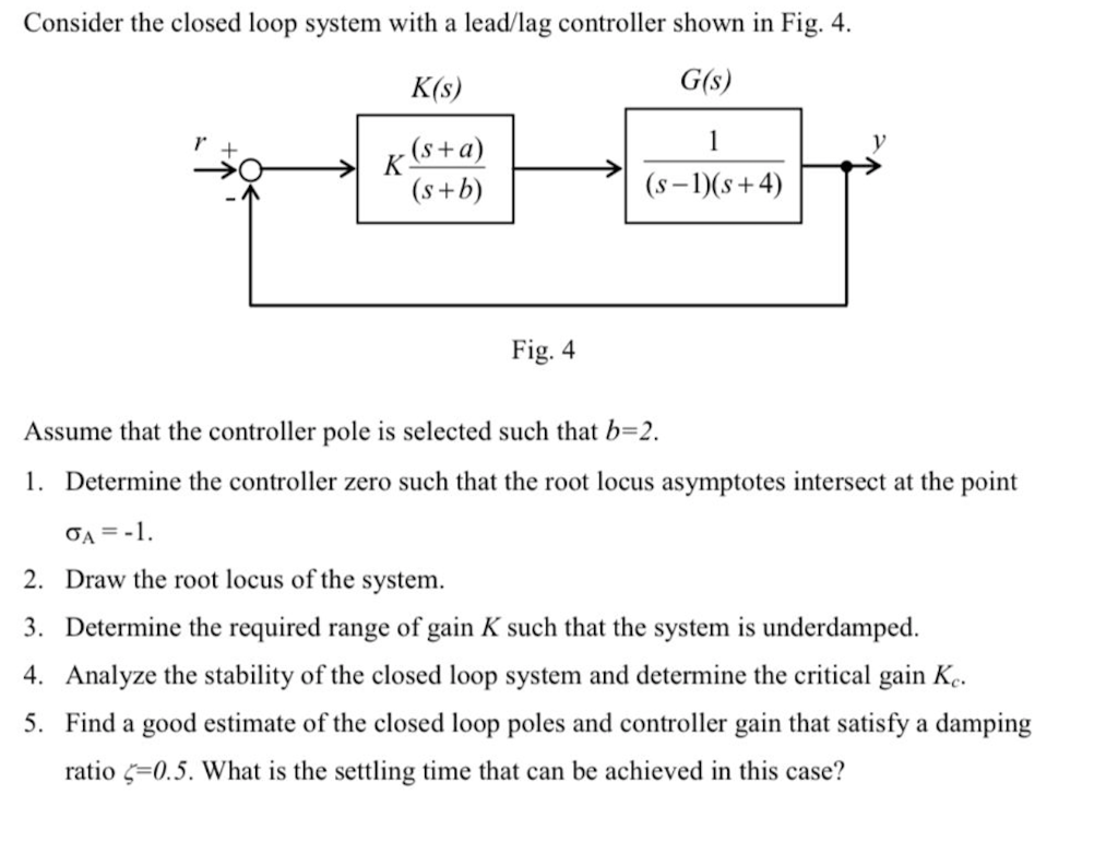 Consider The Closed Loop System With A Lead Lag Controller Shown In Fig 4 K S G S K S A 1 S 1 S 4 S B Fig 1