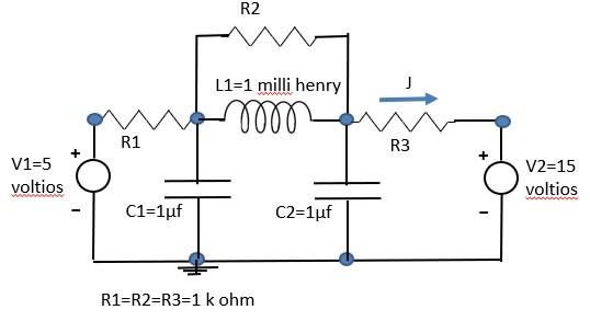 R2 L1 1 Milli Henry 0000 R1 R3 V1 5 Voltios V2 15 Voltios C1 1uf C2 1uf R1 R2 R3 1 K Ohm 1