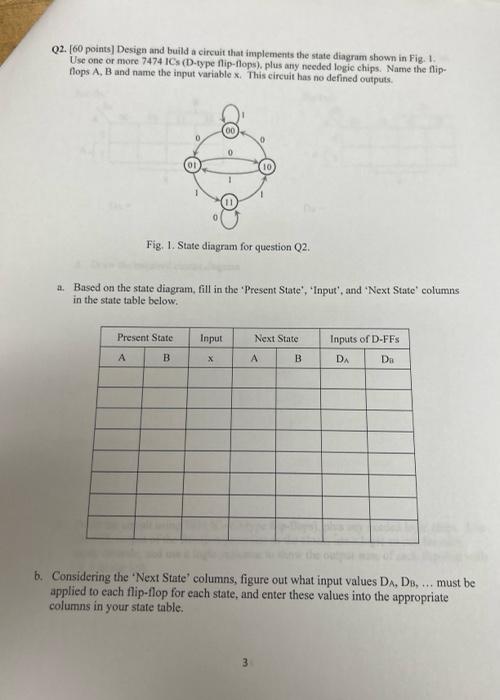 Q2 60 Points Design And Build A Circuit That Implements The State Dingram Shown In Fig 1 Use One Or More 7474 Ics 1