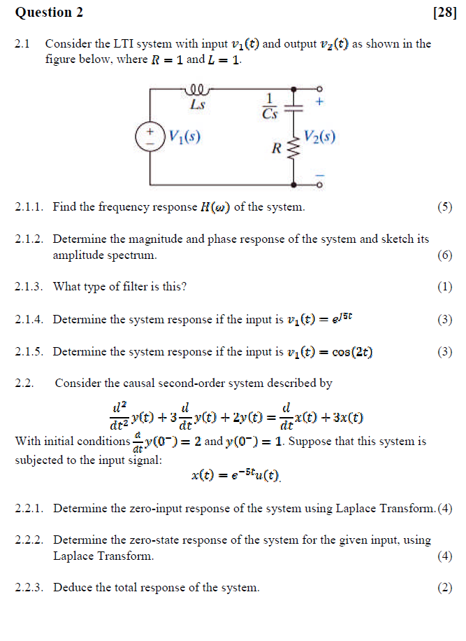 Question 2 28 2 1 Consider The Lti System With Input Vi T And Output Vz T As Shown In The Figure Below Where R 1 1