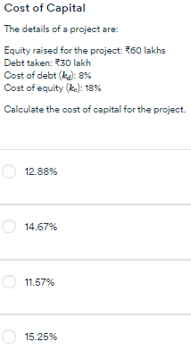 Equity Raised For The Project 60 Lakhs Debt Taken 30 Lakh Cost Of Debt Kd 8 Cost Of Equity Ke 18 Calculate T 1