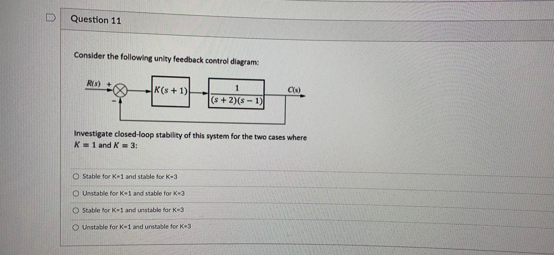 Question 11 Consider The Following Unity Feedback Control Diagram R S K S 1 1 C S S 2 S 1 Investigate Clo 2
