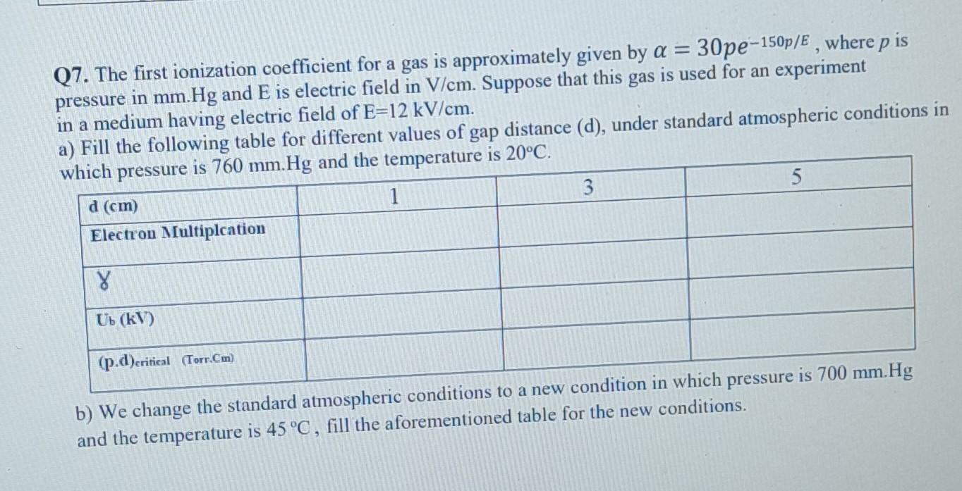 1 Q7 The First Ionization Coefficient For A Gas Is Approximately Given By A 30pe 150p E Where P Is Pressure In Mm H 1