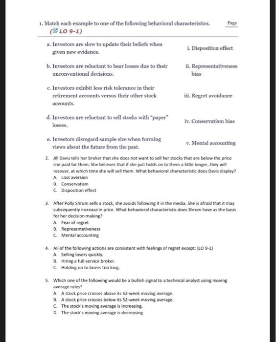 Page 1 Match Each Example To One Of The Following Behavioral Characteristics Lo 9 1 1 Investors Are Slow To Update 1