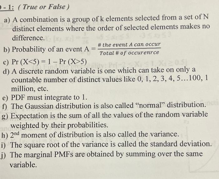 2 1 True Or False A A Combination Is A Group Of K Elements Selected From A Set Of N Distinct Elements Where The Or 1
