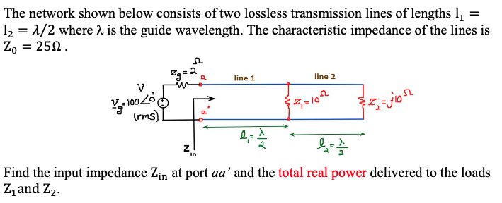 The Network Shown Below Consists Of Two Lossless Transmission Lines Of Lengths L 12 1 2 Where 2 Is The Guide Wavele 1