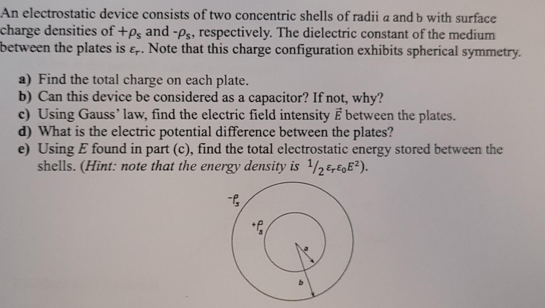 An Electrostatic Device Consists Of Two Concentric Shells Of Radii A And B With Surface Charge Densities Of Ps And Ps 1