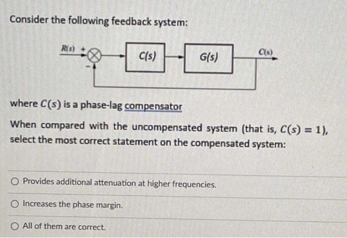 Consider The Following Feedback System R S C S Cs G S Where C S Is A Phase Lag Compensator When Compared With The 1