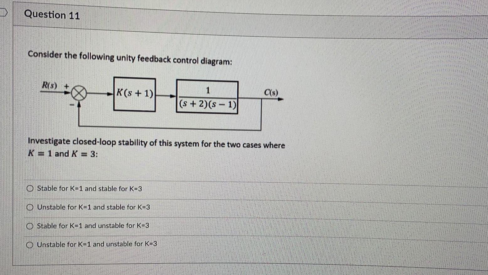 Question 11 Consider The Following Unity Feedback Control Diagram R S K S 1 1 S 2 S 1 Investigate Closed Loo 1