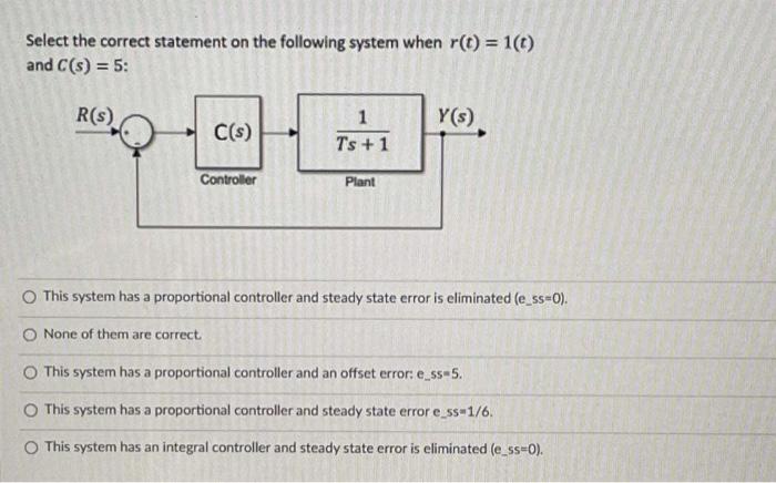 Select The Correct Statement On The Following System When R T 1 And C S 5 R S Y S C S 1 Ts 1 Controller Pla 1