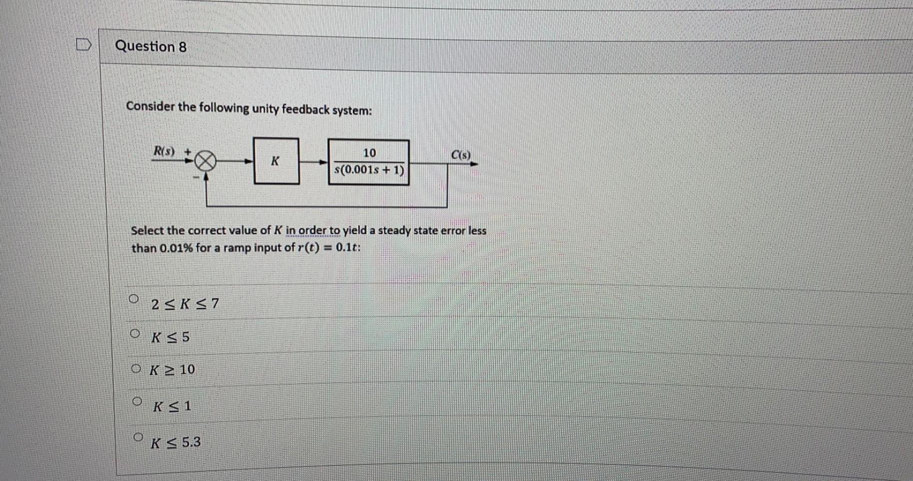 Question 8 Consider The Following Unity Feedback System Rs K 10 S 0 001s 1 Select The Correct Value Of K In Order T 1