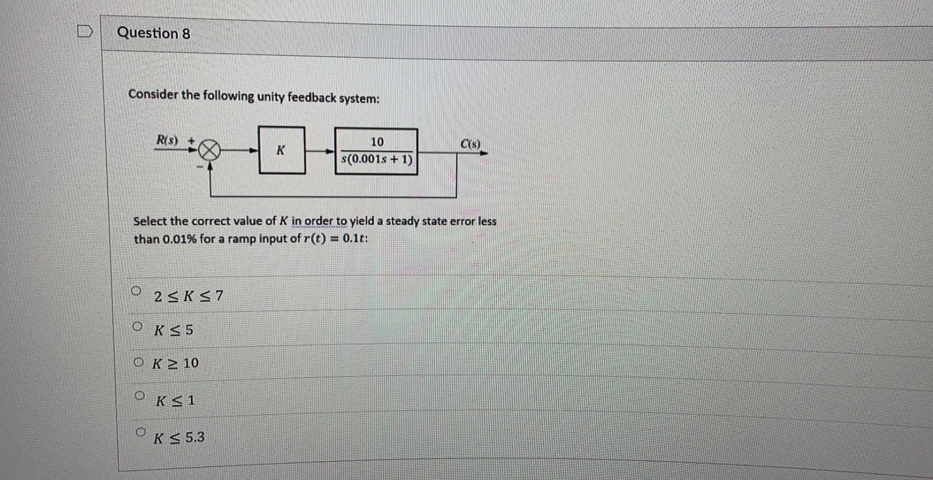 Question 8 Consider The Following Unity Feedback System Rs C S K 10 S 0 001s 1 Select The Correct Value Of K In O 1