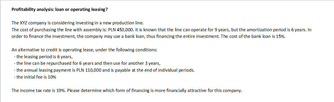 Profitability Analysis Loan Or Operating Leasing The Xyz Company Is Considering Investing In A New Production Line Th 1