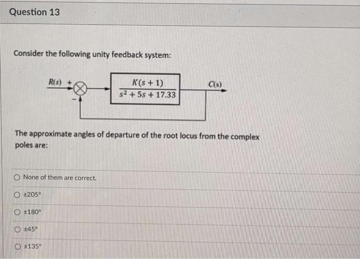 Question 13 Consider The Following Unity Feedback System R S K S 1 52 53 17 33 C The Approximate Angles Of 1