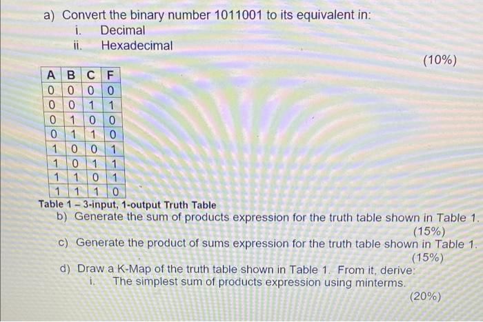A Convert The Binary Number 1011001 To Its Equivalent In I Decimal Ii Hexadecimal 10 A B C F 0 0 0 0 0 0 1 1 0 1 1