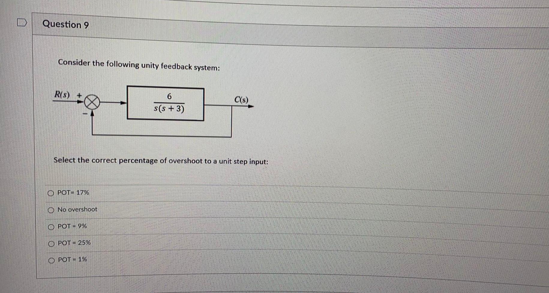 Question 9 Consider The Following Unity Feedback System R S 6 S S 3 C S Select The Correct Percentage Of Oversho 1