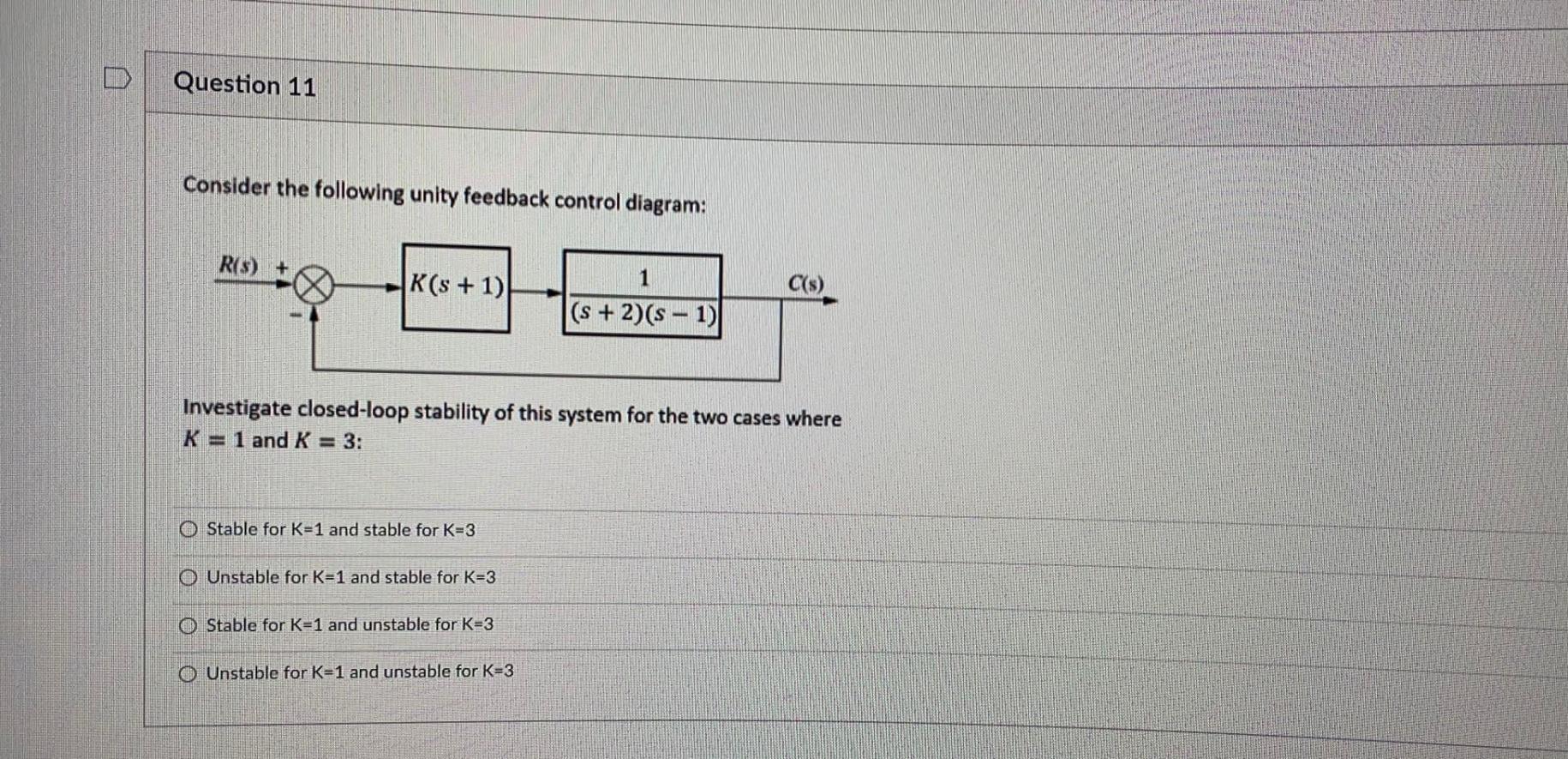 Question 11 Consider The Following Unity Feedback Control Diagram Ris K S 1 1 C S S 2 S 1 Investigate Clo 1