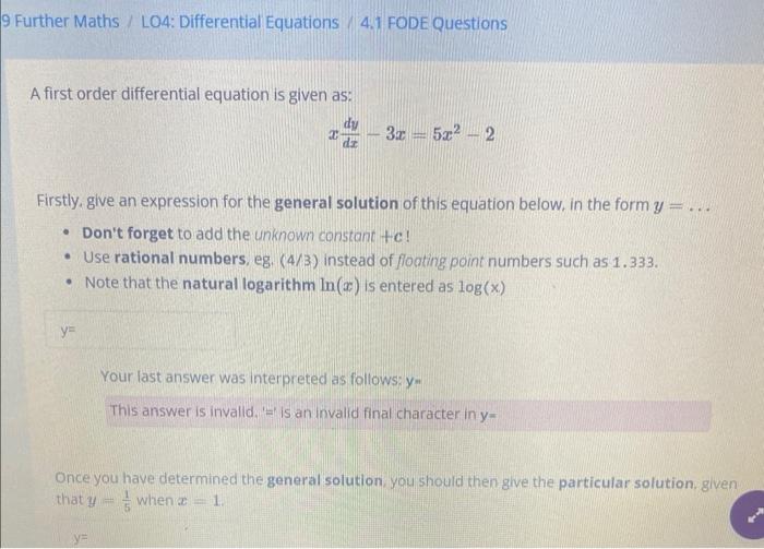 9 Further Maths L04 Differential Equations 4 1 Fode Questions A First Order Differential Equation Is Given As Dy De 3 1