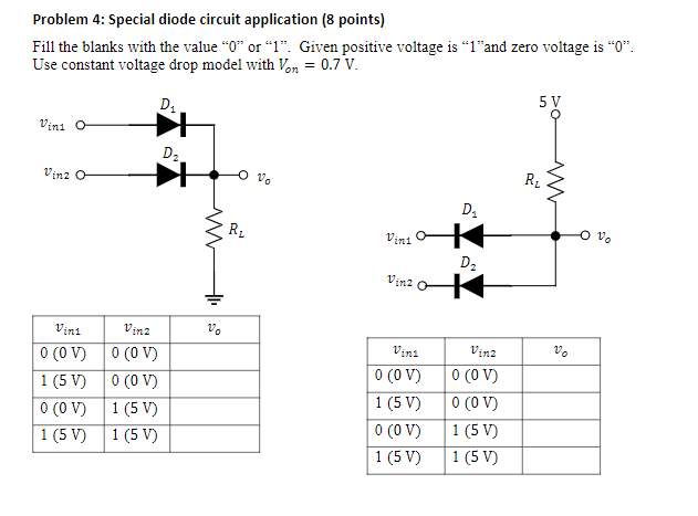 Problem 4 Special Diode Circuit Application 8 Points Fill The Blanks With The Value 0 Or 1 Given Positive Voltag 1