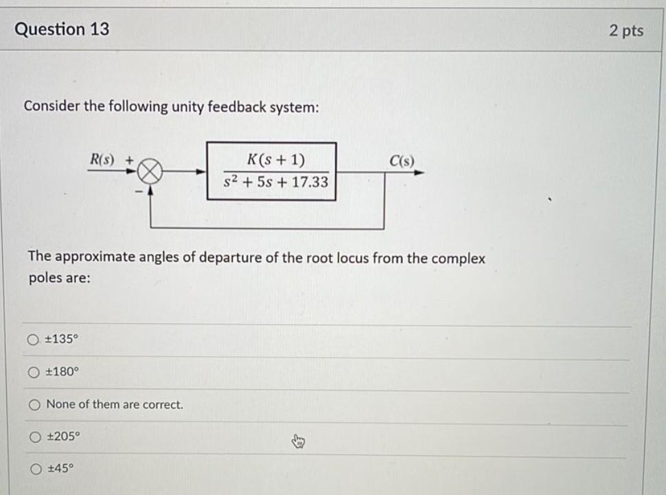 Question 13 2 Pts Consider The Following Unity Feedback System R S C S K S 1 S2 5s 17 33 The Approximate Ang 1