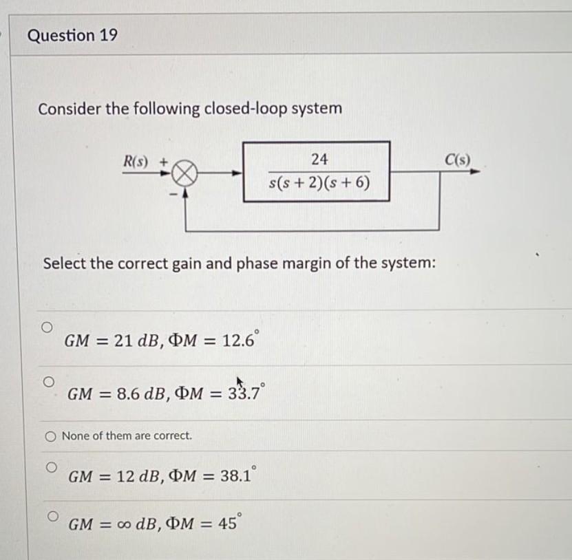 Question 19 Consider The Following Closed Loop System R S S C S 24 S S 2 S 6 Select The Correct Gain And Phase Ma 1