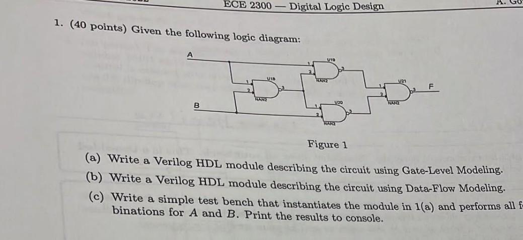 Ece 2300 A Go Digital Logic Design 1 40 Points Given The Following Logic Diagram A U10 Uid Toare F Tars Tuarez B 1