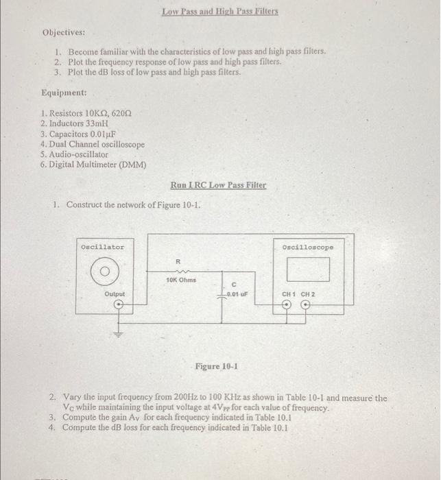 Low Pass And High Pass Filters Objectives 1 Become Familiar With The Characteristics Of Low Pass And High Pass Filters 1