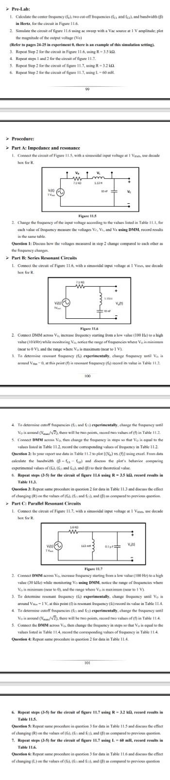 Pre Lab Calculate The Center Frequency Twocut Off Frequencies And Cal And Bandwidth 3 In Hertz For The Circuit In Fi 1