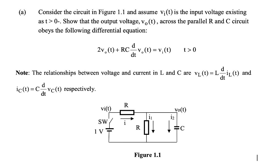 A Consider The Circuit In Figure 1 1 And Assume Vi T Is The Input Voltage Existing As T 0 Show That The Output Vol 1