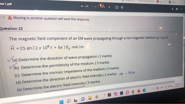 Wa 1 Pdf 20 41 161 Moving To Another Question Will Save This Response Question 22 The Magnetic Field Component Of 1