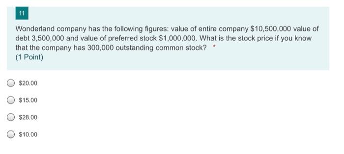 11 Wonderland Company Has The Following Figures Value Of Entire Company 10 500 000 Value Of Debt 3 500 000 And Value O 1