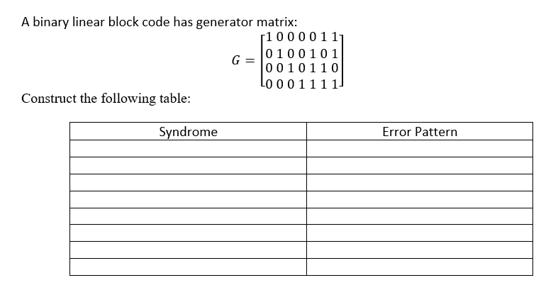 A Binary Linear Block Code Has Generator Matrix 51000011 G 0100101 0010110 Lo 001111 Construct The Following Table Syn 1