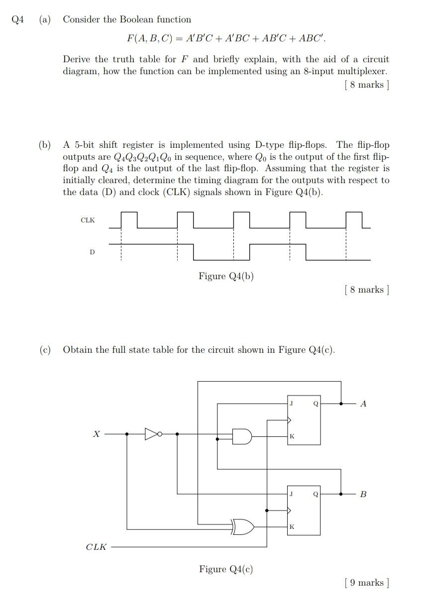 Q4 A Consider The Boolean Function F A B C A B C Abc Ab C Abc Derive The Truth Table For F And Briefly Ex 1