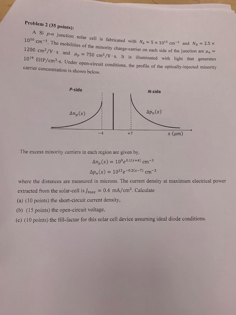 Problem 2 35 Points A Si P N Junction Solar Cell Is Fabricated With Na 5 X 1015 Cm And No 2 5 1020 Cm The Mobi 1