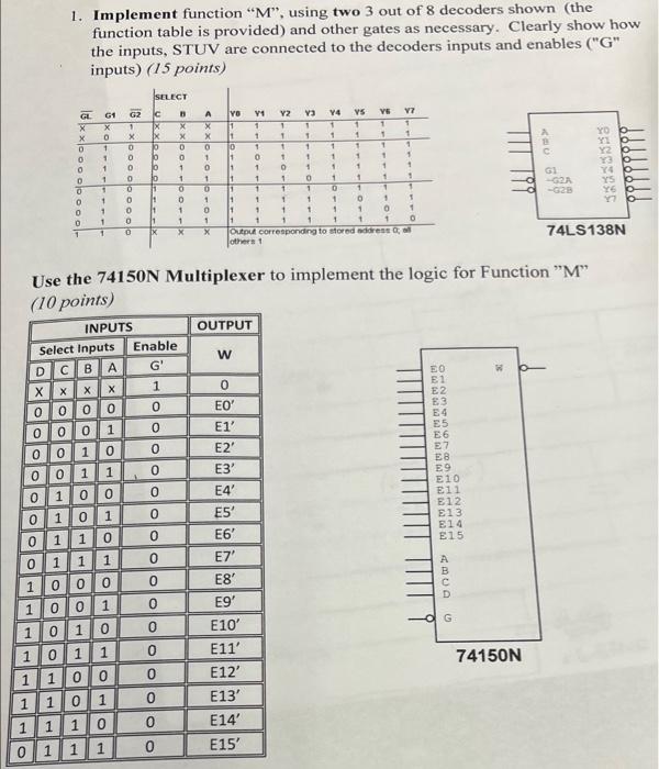 1 Implement Function M Using Two 3 Out Of 8 Decoders Shown The Function Table Is Provided And Other Gates As Neces 1