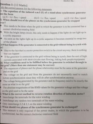 Section No Question 1 12 Marks Ick The Correct Answer For The Following Statements The Equation Of The Induced Emf E 1