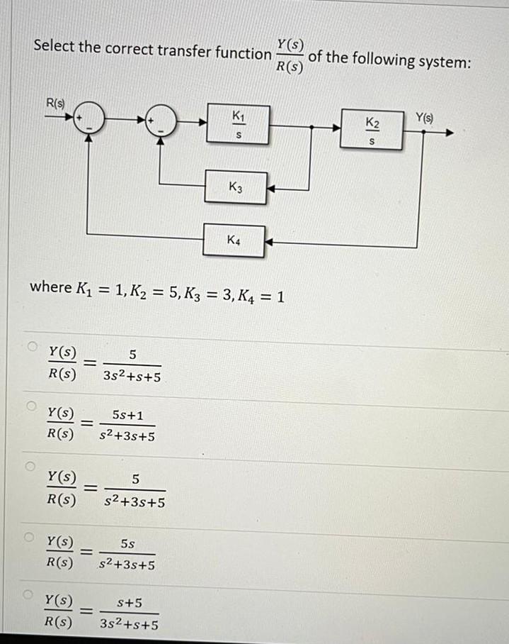 Y S Select The Correct Transfer Function Of The Following System R S R S K1 K2 Y S S S K3 K4 Where K1 1 K2 5 1
